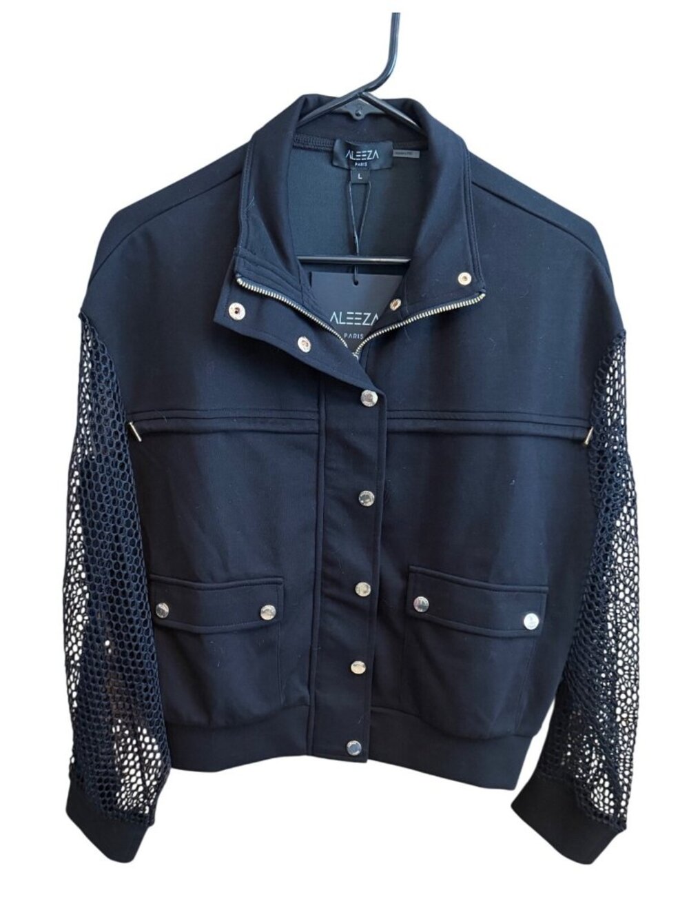 Aleeza Paris Black Jacket With Mesh Sleeves & Gold Details Size L Poly-Cotton